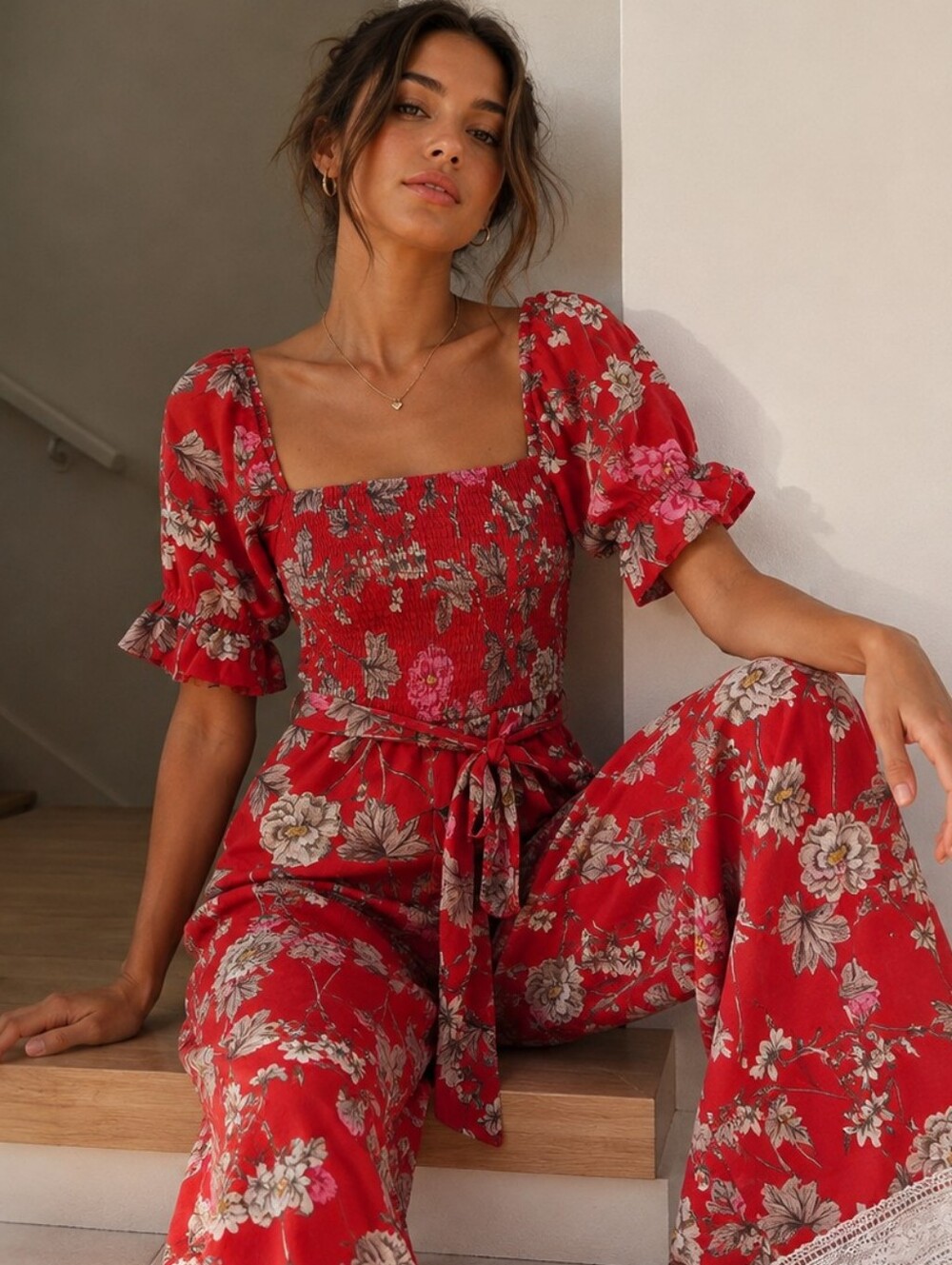 Red Floral Puff Sleeve Square-Neck Smocked Wide Leg Crochet Trim Jumpsuit